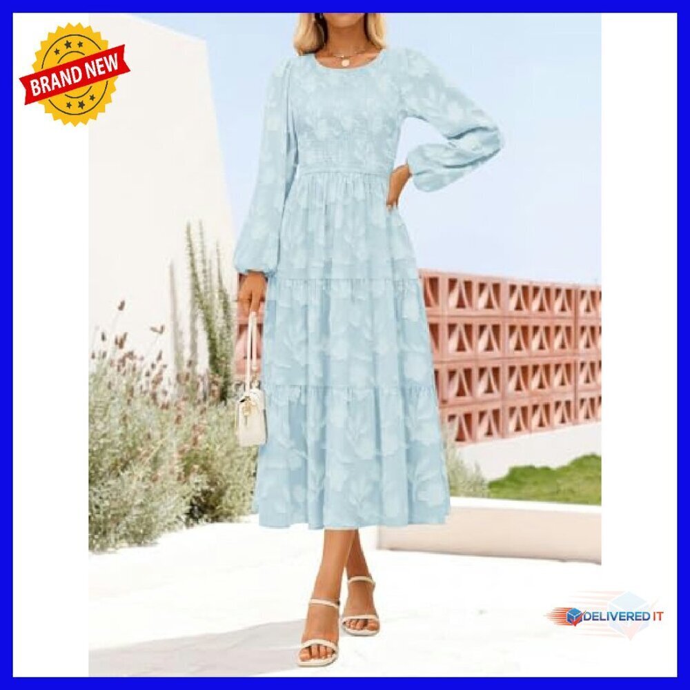 Boho Floral Midi Dress Long Sleeve Crewneck A-Line Fall Wedding Guest - Picture 4 of 8